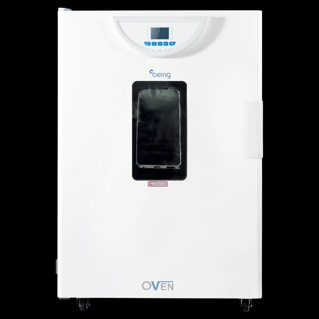 BPG-9240A 250L high-volume forced air drying oven with LCD controller, 250°C maximum, ±1°C accuracy, 3 adjustable shelves, stainless steel smooth-edge chamber, uniform airflow, and optional RS-485 connectivity for bulk pharmaceutical, research, and industrial laboratory drying_ Being India