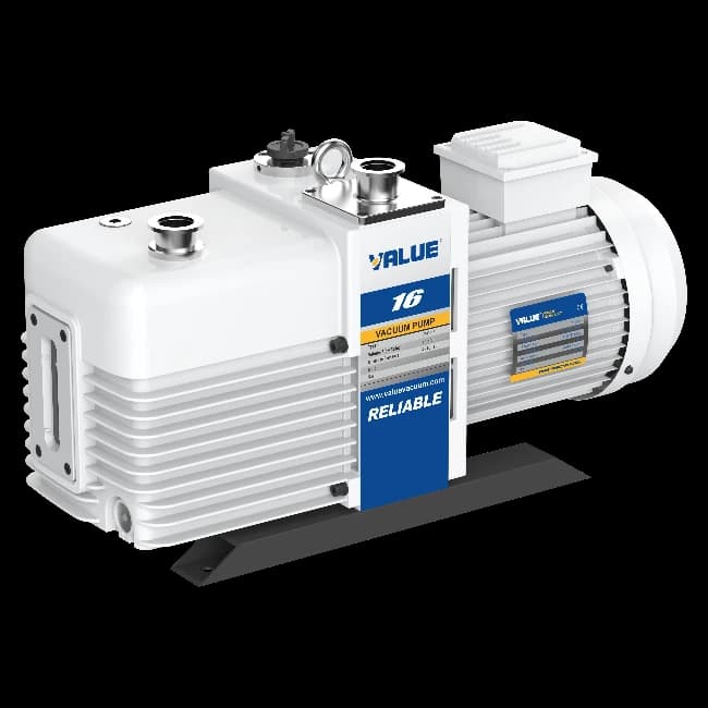 VRD-16 high-efficiency two-stage oil rotary vane vacuum pump with 16 m³/h flow, 4×10⁻² Pa ultimate partial pressure, double anti-return oil structure, fluororubber seals, KF25 inlet, advanced exhaust valve, and single or three-phase power for industrial laboratory and chemical processing vacuum applications