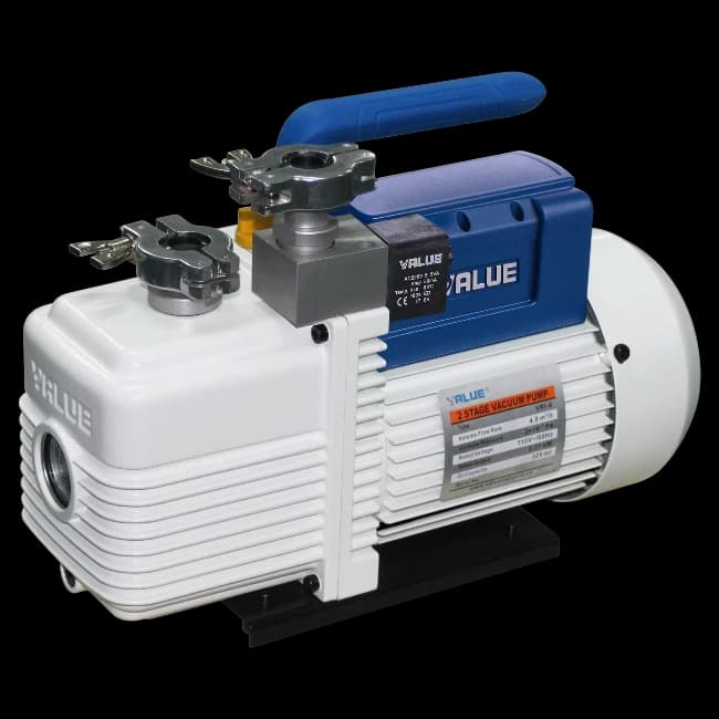 VRI-4 compact dual-stage oil rotary vane vacuum pump with 4 m³/h flow, 1×10⁻¹ Pa ultimate partial pressure, KF16 inlet, electric solenoid anti-backflow valve, built-in gear pump oil circulation, and IP44 protection for laboratory vacuum oven and drying system applications_Being India