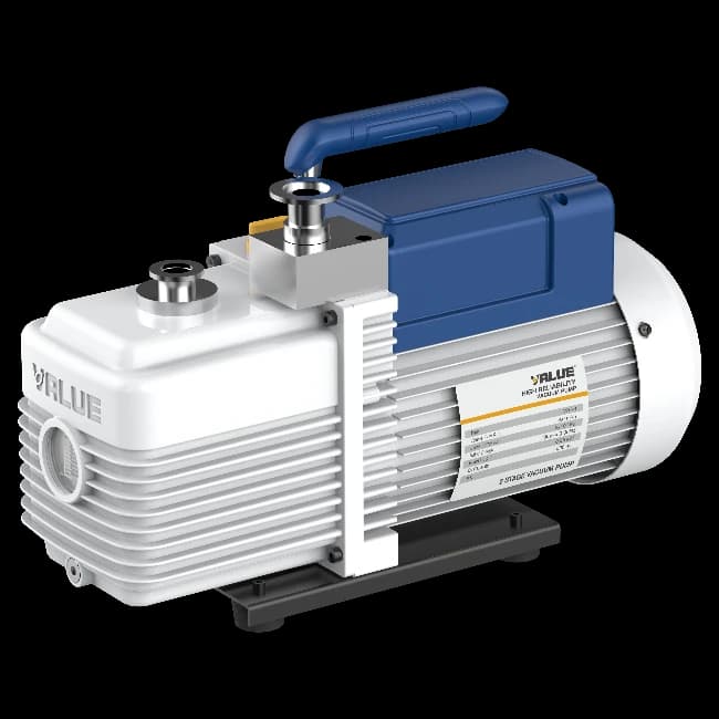 VRI-8 higher-capacity dual-stage oil rotary vane vacuum pump with 8 m³/h flow, 1×10⁻¹ Pa ultimate partial pressure, KF16 inlet, solenoid anti-backflow valve, IP44 protection, and 0.55 kW for laboratory and industrial vacuum oven, drying, and chemical processing applications_Being India