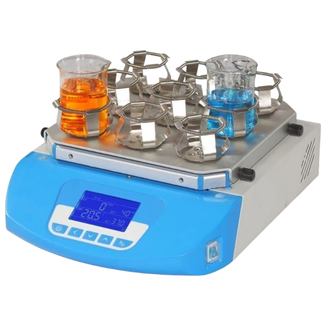 BEING BS Series orbital shaker with flask clamps holding culture beakers