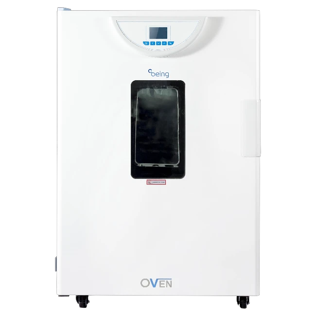 BPG-9240A 250L high-volume forced air drying oven with LCD controller, 250°C maximum, ±1°C accuracy, 3 adjustable shelves, stainless steel smooth-edge chamber, uniform airflow, and optional RS-485 connectivity for bulk pharmaceutical, research, and industrial laboratory drying_ Being India