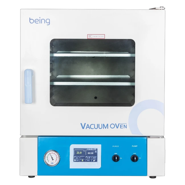 BV-20 compact 24L programmable vacuum oven with touch screen controller, 99 Pa maximum vacuum, RT+10°C to 200°C range, ±1°C accuracy, inert gas inlet, secondary temperature limiting protection, 6-layer safety system, and 304 stainless steel chamber for pharmaceutical and chemical laboratory heat-sensitive material drying_Being India