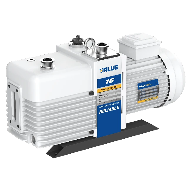 VRD-16 high-efficiency two-stage oil rotary vane vacuum pump with 16 m³/h flow, 4×10⁻² Pa ultimate partial pressure, double anti-return oil structure, fluororubber seals, KF25 inlet, advanced exhaust valve, and single or three-phase power for industrial laboratory and chemical processing vacuum applications