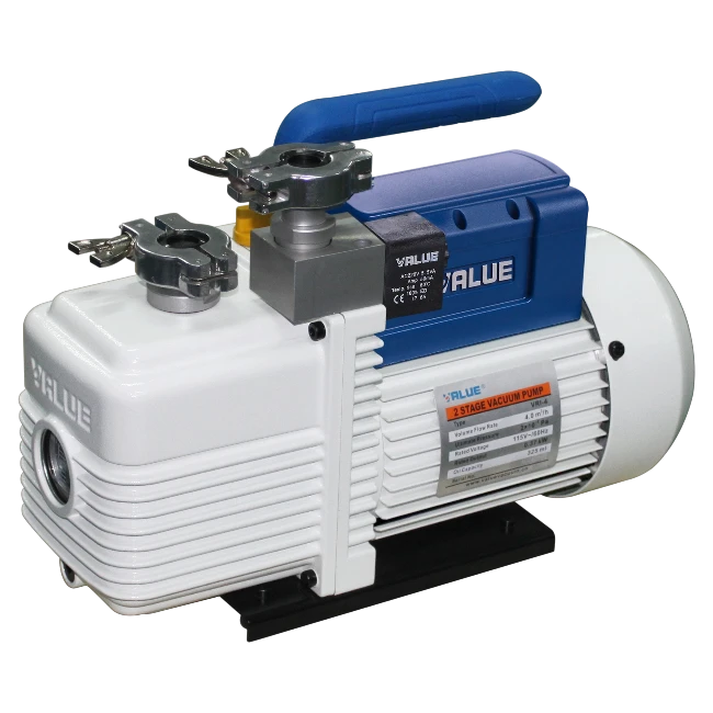 VRI-4 compact dual-stage oil rotary vane vacuum pump with 4 m³/h flow, 1×10⁻¹ Pa ultimate partial pressure, KF16 inlet, electric solenoid anti-backflow valve, built-in gear pump oil circulation, and IP44 protection for laboratory vacuum oven and drying system applications_Being India