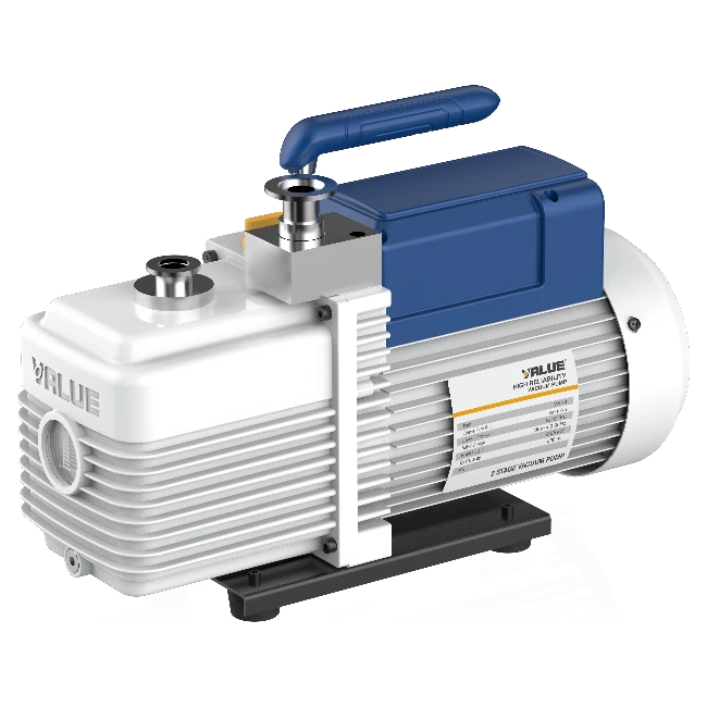 VRI-8 higher-capacity dual-stage oil rotary vane vacuum pump with 8 m³/h flow, 1×10⁻¹ Pa ultimate partial pressure, KF16 inlet, solenoid anti-backflow valve, IP44 protection, and 0.55 kW for laboratory and industrial vacuum oven, drying, and chemical processing applications_Being India