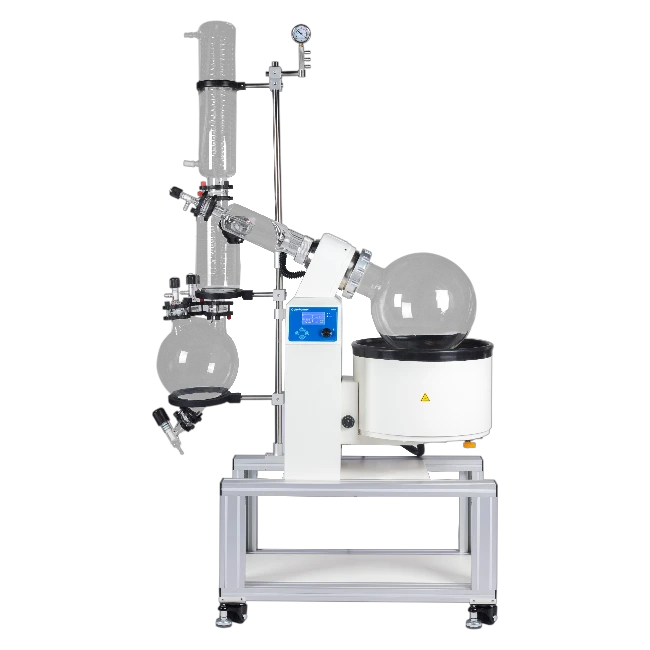 RV-20A 20L large-scale rotary evaporator with PID temperature controller, aluminum alloy bracket, 1.29 m² condenser, and auto lift for pilot-scale pharmaceutical and chemical solvent evaporation_ Being India