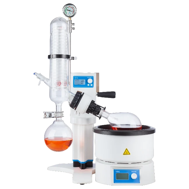 RV-21A compact 2L rotary evaporator with DC brushless motor, LCD display, auto lift mechanism, and PTFE sealing for small-scale solvent evaporation_ Being India