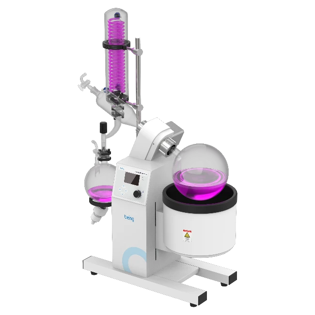 RV-5A 5L rotary evaporator with PID temperature controller, LCD display, automatic lift mechanism, and PTFE Teflon sealing for chemical and pharmaceutical solvent evaporation_ Being India